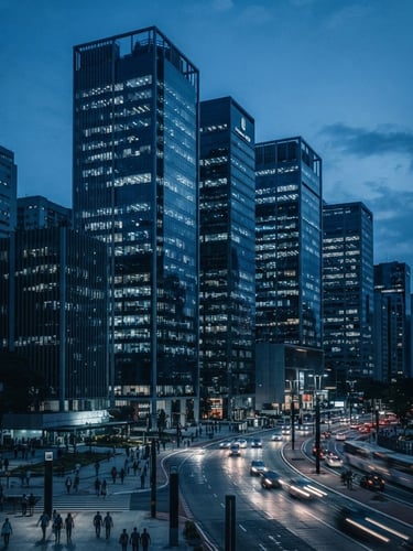 Cinematic corporate photography of modern Faria Lima glass skyscrapers at dusk, cool blue tones, sharp architectural focus, 35mm