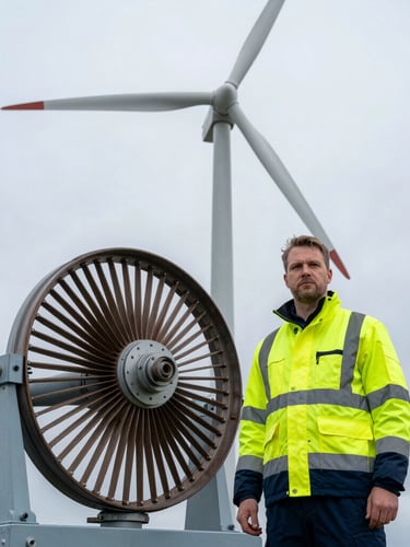 An environmental portrait of a safety director in a high-visibility jacket standing near a wind turbine hub under overcast Swedish skies, professional 35mm photography.