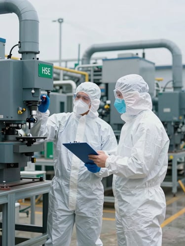 Industrial editorial photography, natural overcast daylight, a professional HSE consultant in clean high-spec PPE inspecting a modern manufacturing plant, 35mm