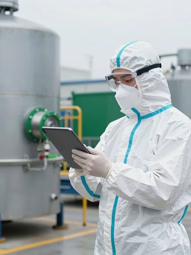 A professional HSE manager in high-spec PPE standing on an industrial manufacturing floor, looking at technical specifications on a tablet, natural overcast light, 35mm.