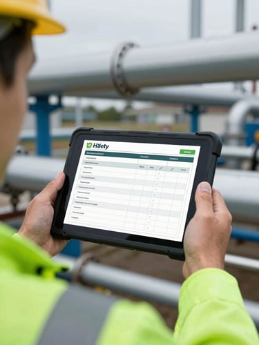 A close-up of an HSE consultant's hands holding a rugged digital tablet displaying a safety checklist, industrial piping blurred in the background, sharp green accents, natural overcast daylight, 35mm