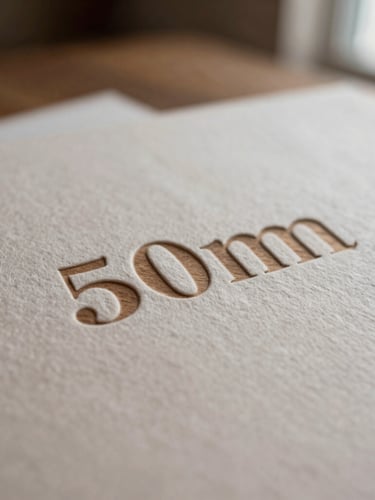 Close-up macro shot of embossed stationery on heavy cotton paper, soft indirect daylight highlighting tactile paper textures and clean typography, warm walnut tones, 50mm lens.