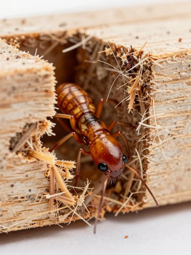 Macro photograph of drywood termite damage inside a structural wooden beam, clean clinical lighting, sharp details of wood fibers.