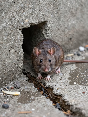 Macro photography of a brown rat near a damp concrete foundation crack in an urban alleyway, bright clinical lighting, sharp focus on structural entry point.