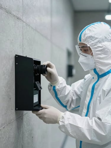 A professional technician in a clean white protective suit and mask placing a secure, tamper-resistant black bait station against a concrete wall, bright clinical lighting.