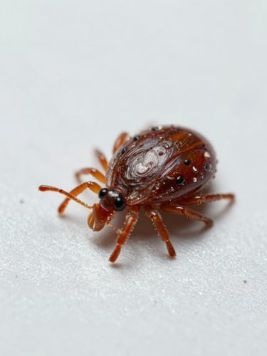 Macro-photography of a tick on a light sterile surface, bright clinical lighting, scientific documentation style, high-resolution details.