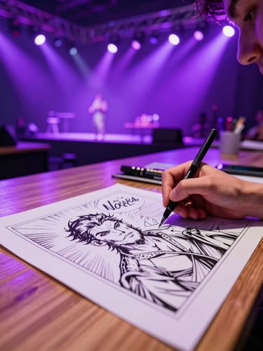 Dynamic low-angle shot of a comic artist sketching at a wooden table, vibrant neon purple ambient lighting, high contrast ink lines visible on the page, 35mm
