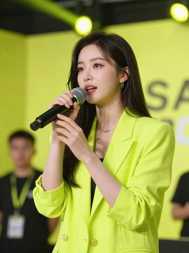 Dynamic portrait of a popular voice actress speaking into a studio microphone, vibrant neon yellow ambient light, 35mm.