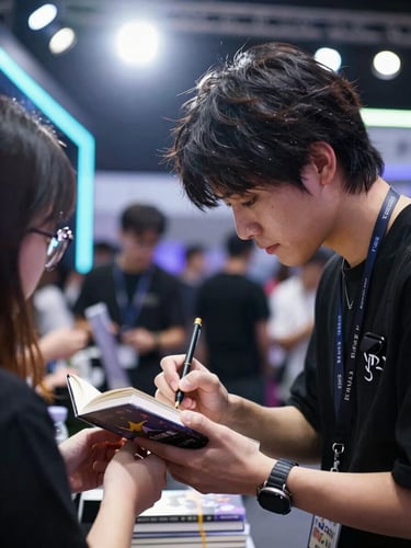 Close-up of a fantasy author signing a novel for a fan, high-contrast event lighting, 35mm.