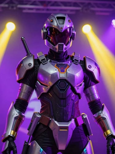Vibrant close-up of a cosplayer in highly detailed futuristic armor under dramatic neon purple and yellow stage spotlights, high contrast event photography, 35mm