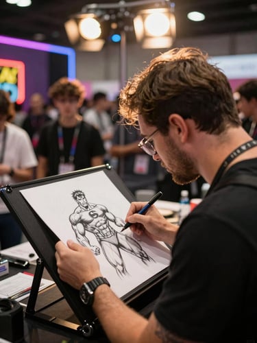 Candid shot of a famous comic book artist sketching a superhero on paper at a convention booth, warm spotlight, 35mm.
