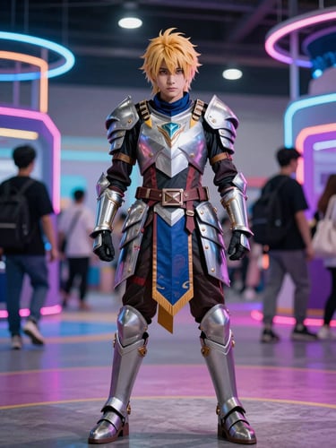 Vibrant shot of a professional cosplayer posing in detailed armor on the show floor, colorful neon background, 35mm.