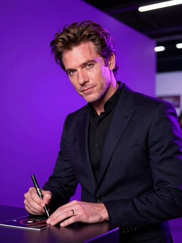 Tight portrait of a legendary sci-fi actor signing autographs, high-contrast neon purple background lighting, 35mm.