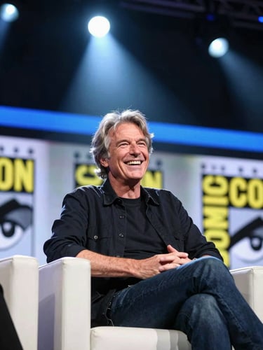 Candid shot of a legendary comic writer laughing during a panel discussion, dramatic stage spotlight, 35mm.