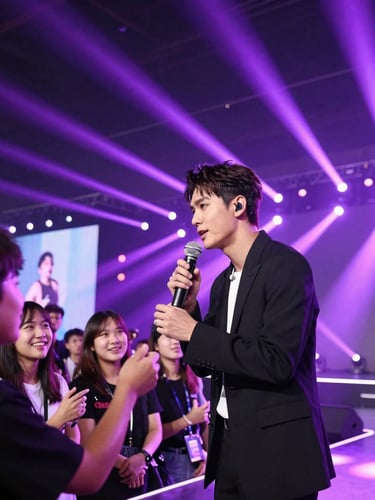 Low-angle dynamic shot of a celebrity guest interacting with smiling fans on a brightly lit convention stage, electric purple spotlights, vibrant energy, 35mm.