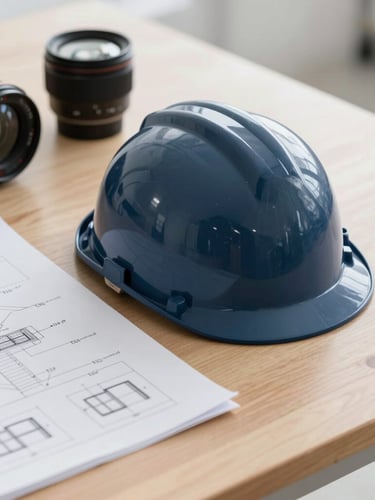 Close-up of technical schematics and safety equipment on a clean wooden table, natural cool daylight, sharp focus.