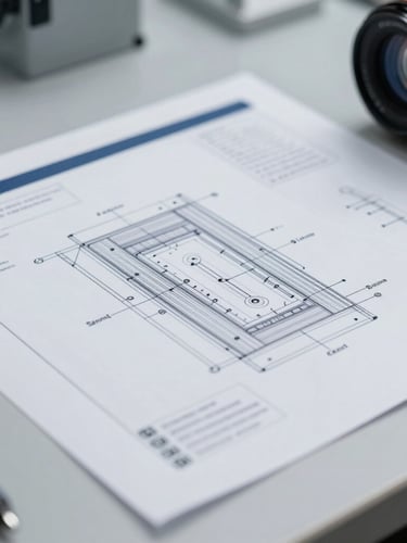 Close-up macro shot of technical schematics and safety documentation on a clean industrial desk, cool slate tones, sharp focus, 35mm lens