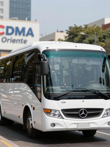 Sharp commercial vehicle photography of a modern Mercedes-Benz bus, clean profile shot, bright natural daylight, CDMX Oriente backdrop, editorial depth of field
