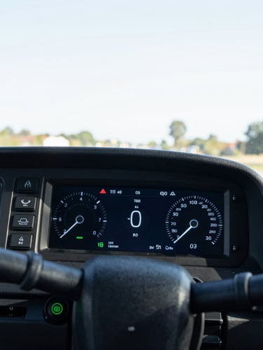 Close-up of a modern bus dashboard safety features, digital instrument cluster, clean and professional driver cabin, bright daylight