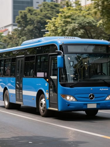 Wide environmental shot of a modern clean blue Mercedes-Benz passenger bus driving on an urban avenue in Mexico City, bright natural daylight, clean high-contrast tones, professional vehicle photography