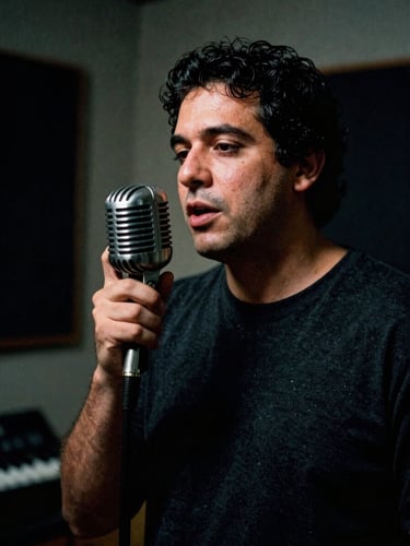 Beto Vaz speaking into a vintage microphone in a dimly lit studio, high-contrast, moody ambient light, candid shot, 35mm film grain, portrait aspect.