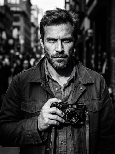 High-contrast black and white portrait of Beto Vaz, intense gaze, holding a vintage film camera, urban texture in soft focus background, harsh natural light, cinematic, 35mm film grain