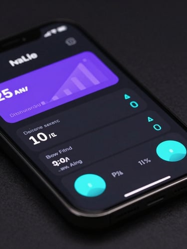 Macro photo of a high-fidelity mobile UI mockup displaying live system metrics in electric violet and neon cyan on a matte black flagship screen, low-key studio lighting.