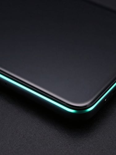 Extreme macro shot of a sleek matte black Android flagship device, vibrant neon-cyan edge-lights reflecting off the curved glass screen, dark-mode studio lighting.