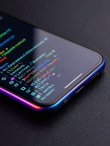 Sleek product photography, dark-mode studio lighting, vibrant neon accents. Extreme close-up macro shot of a modern Android flagship screen showing dense, glowing code-like UI elements reflecting off curved glass.