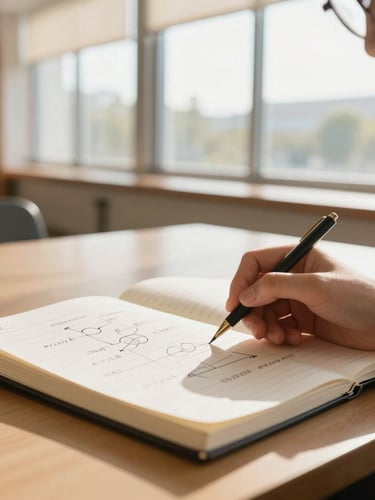 A focused student studying in a modern university library with warm natural window light, close-up of a notebook with handwritten strategic plans, shallow depth of field
