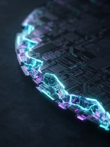 Macro shot of a silicon wafer, sharp violet edge-lighting, dark slate tones, extreme depth of field.