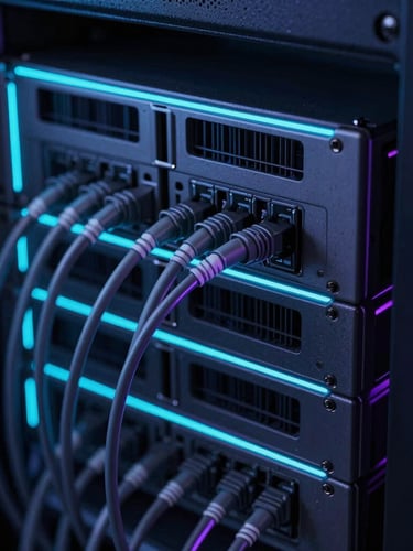 Macro close-up of server racks with clean cable management, sharp cyan edge-lighting, dark slate tones, low-key dramatic studio lighting.