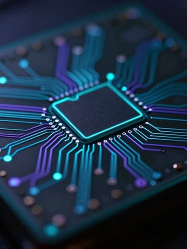 Macro close-up of intricate silicon wafer circuitry with sharp cyan and purple laser-line accents, shallow depth of field, dark background, evoking high-throughput data streams.