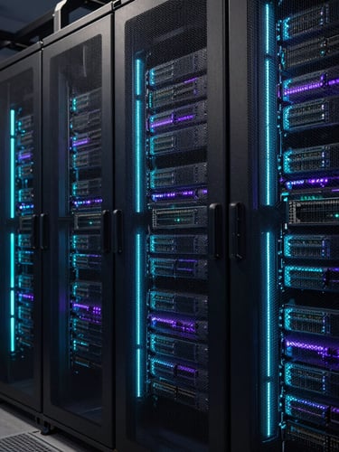 Wide, symmetrical architectural shot of a modern data center server rack, glowing cyan and violet edge-lights, dark slate tones, macro depth of field.
