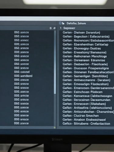 Side-by-side technical text alignment interface on a high-resolution monitor, showing German engineering terms and Slovak translations, cool clinical lighting