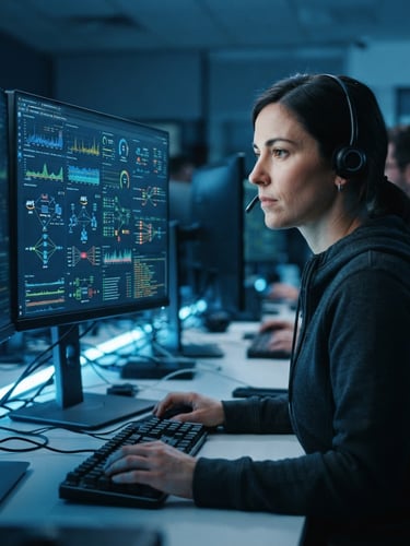 Close-up of a professional systems engineer analyzing real-time cloud infrastructure metrics on a high-fidelity dashboard screen, cool blue ambient lighting, professional depth of field