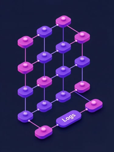 Isometric system architecture diagram showing clean telemetry pipelines routing logs, dark slate background, purple and magenta glowing nodes, precise technical schematic