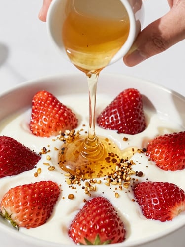 Close-up of hands pouring golden honey over a vibrant yogurt bowl topped with fresh strawberries and amaranth, bright natural daylight, high-detail food photography.