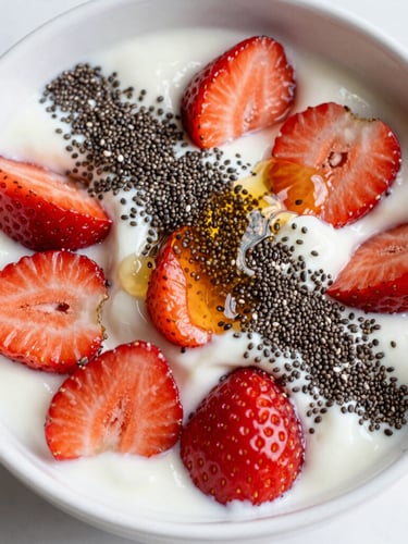 Top-down macro shot of a vibrant yogurt bowl topped with fresh strawberries, chia seeds, and a drizzle of local honey, bright natural daylight, soft shadows