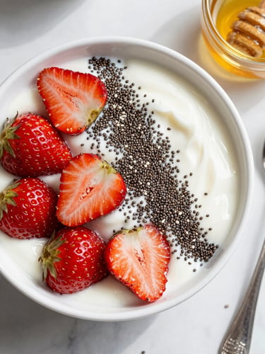 Top-down flat lay of a vibrant yogurt bowl with fresh strawberries, chia seeds, and local honey, bright natural daylight, high-detail macro