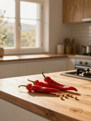 Warm golden-hour sunlight streaming through a modern clean kitchen window, highlighting fresh red chili peppers and soybeans on a light pine wood counter, 35mm editorial photography