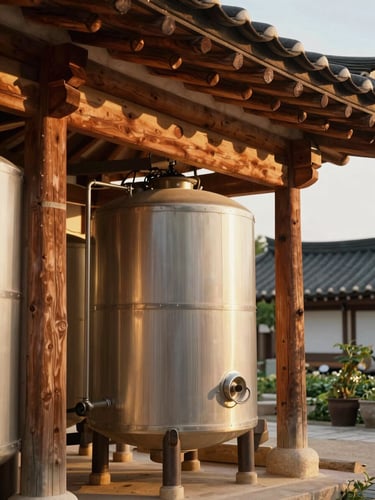 Warm golden-hour sunlight hitting clean fermentation vessels framed by traditional Hanok wooden eaves, editorial 35mm.