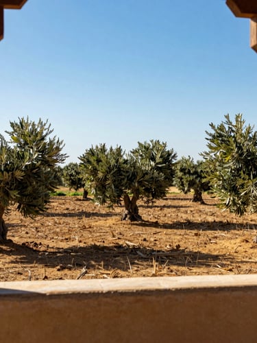 Serene landscape of Tunisian agricultural fields with olive trees under a bright blue sky, with subtle Hanok-inspired wooden architectural framing in the foreground, warm daylight