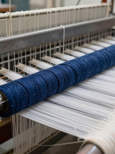 Macro photography of raw cotton threads loaded onto a heavy industrial loom, natural task lighting highlighting the high-density warp setup.