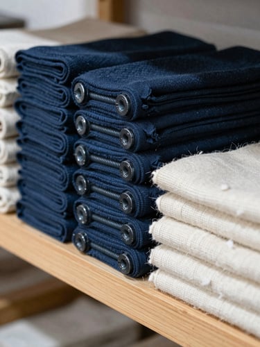 Neatly stacked bolts of finished charcoal and raw cotton woven textiles on a wooden shelf in a clean workshop, soft side lighting.