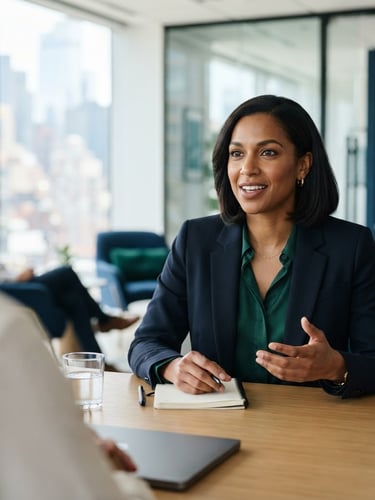 Medium close-up of a professional woman speaking confidently at a modern meeting table, bright natural office light, shallow depth of field, 35mm lens