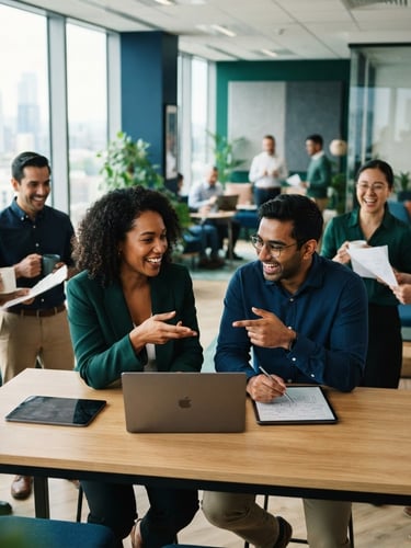 A high-energy modern meeting space filled with diverse professionals in candid collaboration, bright natural office light, deep blue and emerald accents, shallow depth of field, 35mm lens