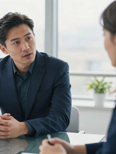 Medium close-up of two modern business owners in candid conversation at a sleek glass table, bright natural office daylight, shallow depth of field, 35mm lens