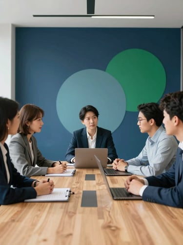 Modern sunlit boardroom with architectural clean lines, a group of diverse professionals collaborating around a wooden table, 35mm lens