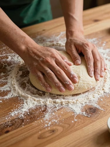 Close-up of rustic pizza dough being shaped by hand on a wooden table sprinkled with flour, warm ambient light, 35mm photography